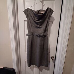 Gray and black houndstooth style print cap sleeve dress with belt